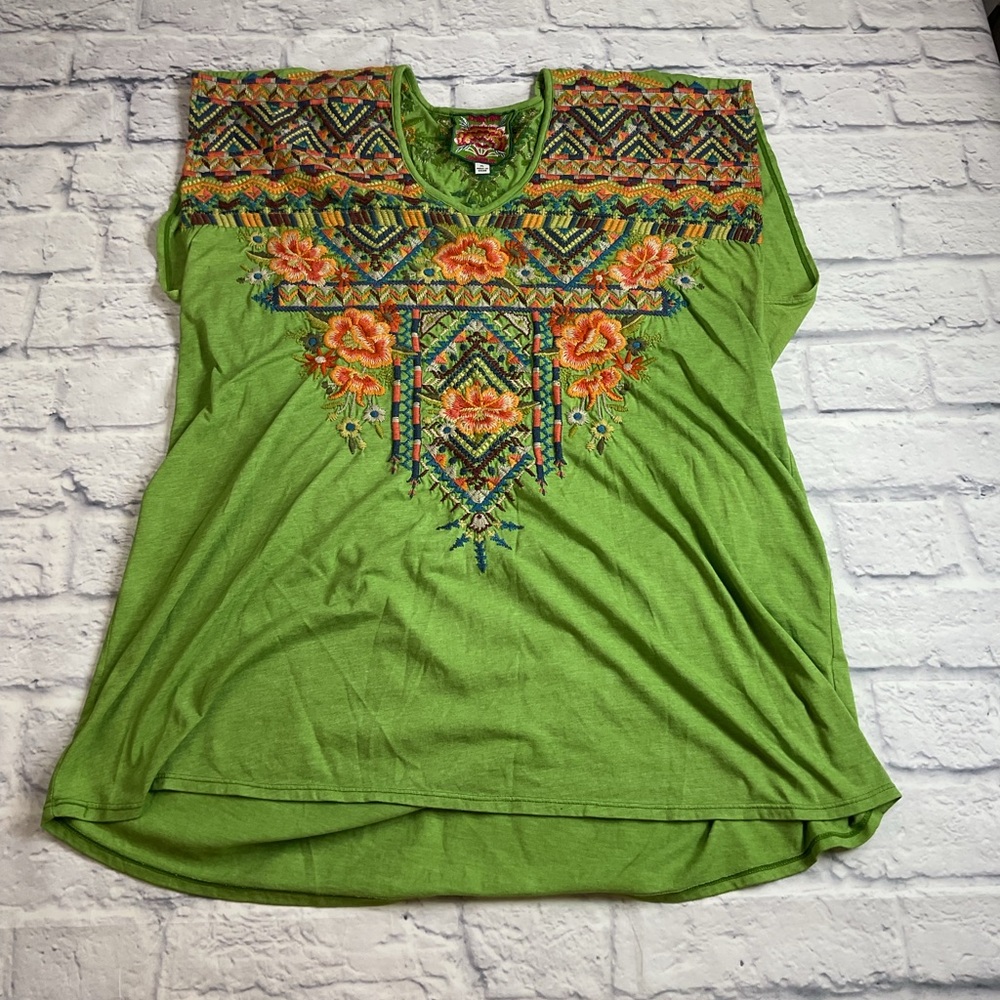 Johnny Was Bright Green Embroidered Floral Yoke Top